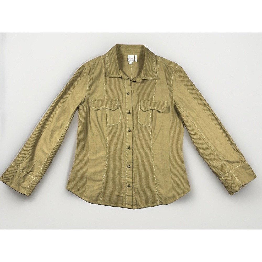 ZoZo Women's Small Khaki Pintuck Roll Tab Sleeve Button Front Utility Shirt
